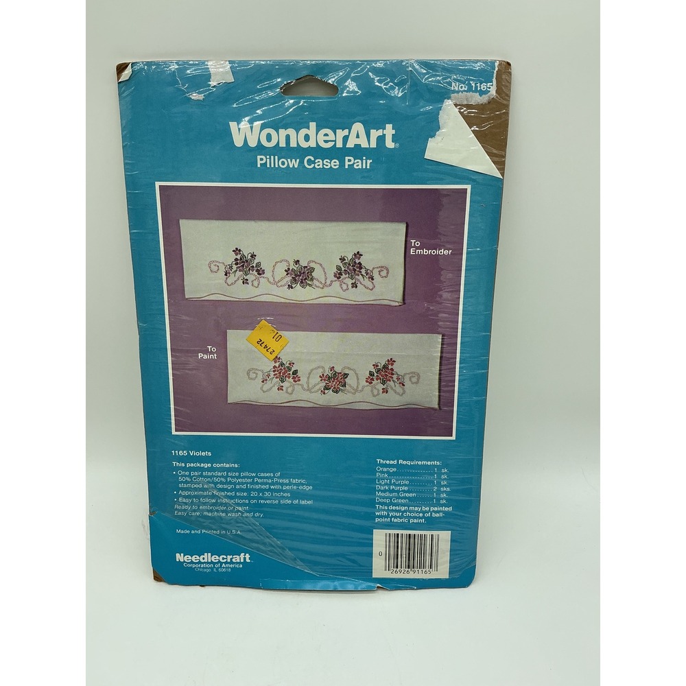 Vintage WonderArt Violets Pillow Case Pair Kit 1165 Stamped for Embroidery Paint